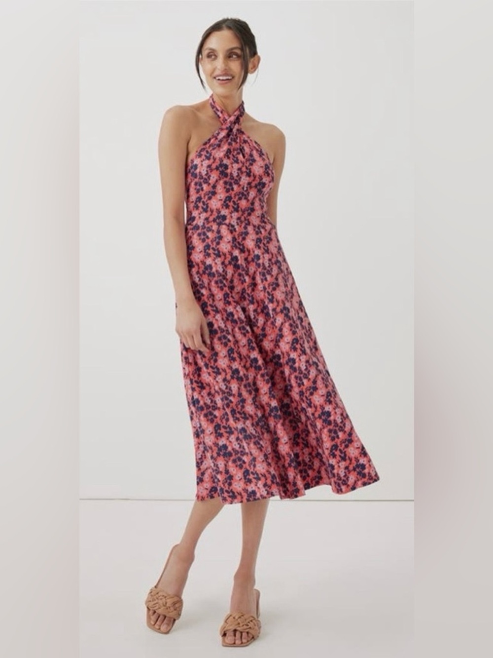 Pact Organic Fit & Flare Modern Halter Sweet Floral Cayenne Dress Size M NEW